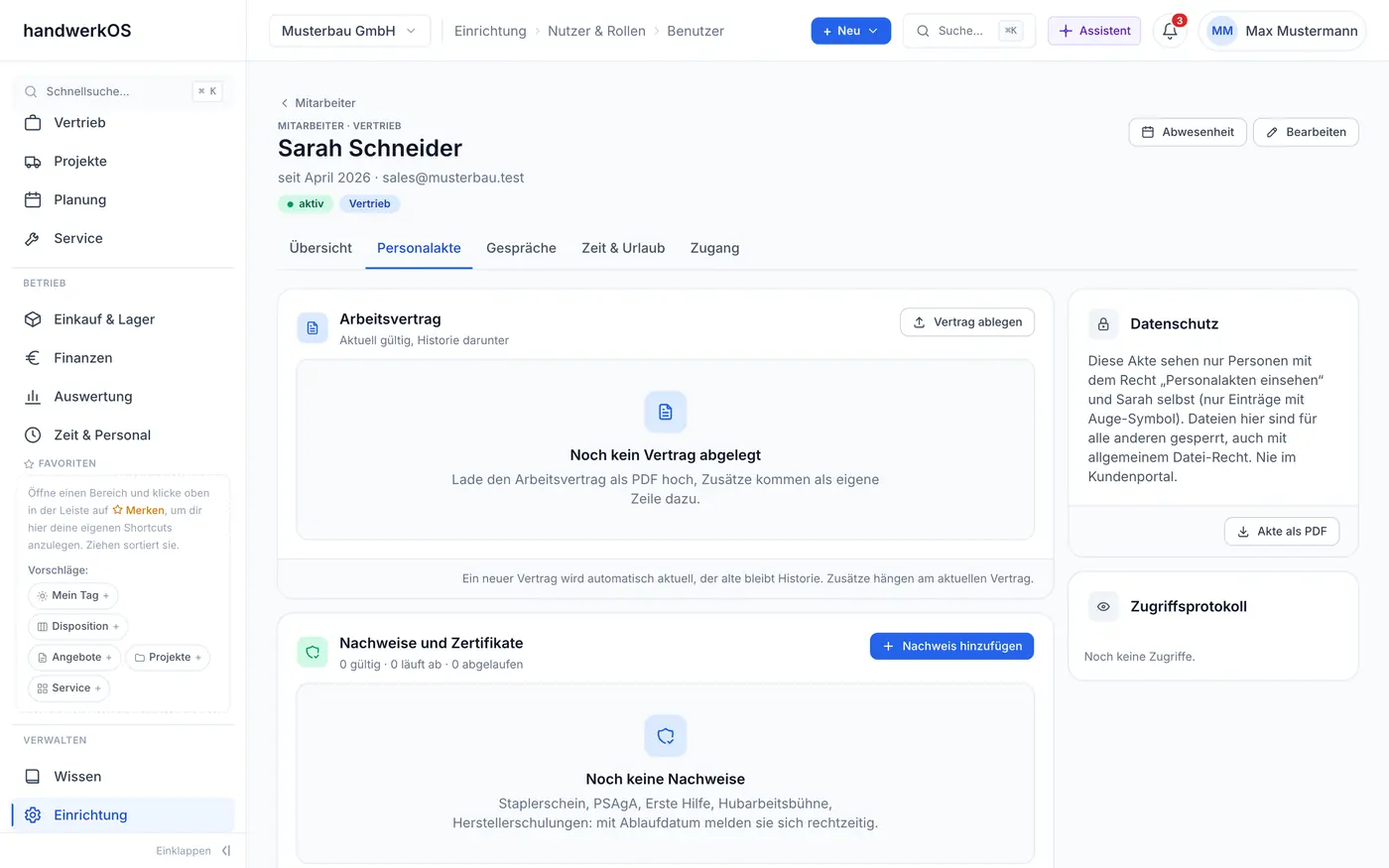 Personalakte: Arbeitsvertrag, Nachweise, Datenschutz, Zugriffsprotokoll