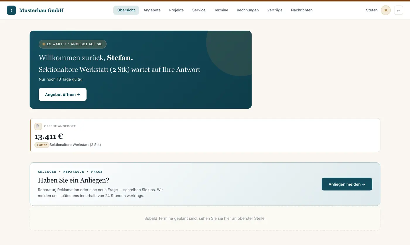 Kundenportal: Übersicht mit offenem Angebot